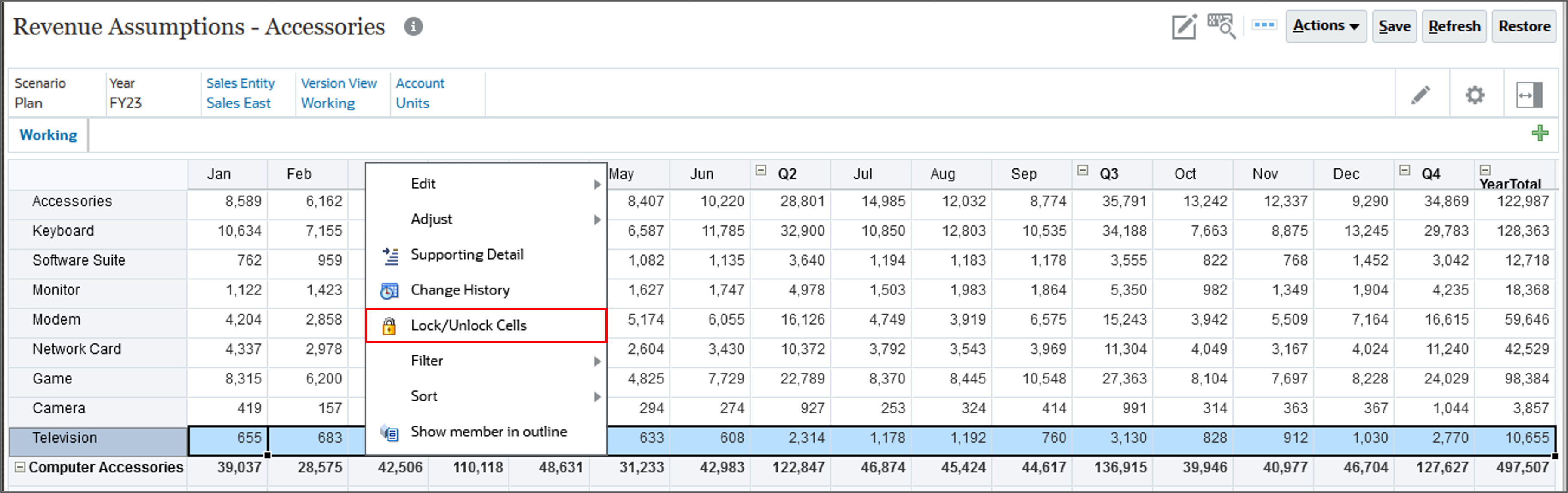 Revenue Assumptions Accessories form with Action menu open and Lock/Unlock highlighted